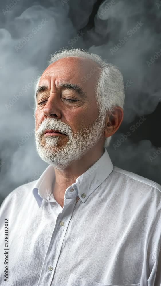 A male business appears to close his eyes and be overcome by a cloud of smoke. You get a sense of pressure and stress A male business appears to close his eyes and be overcome by a cloud of smoke. You get a sense of pressure and stress