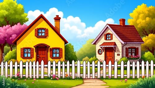 Charming Suburban Houses with White Fence in Sunny Landscape