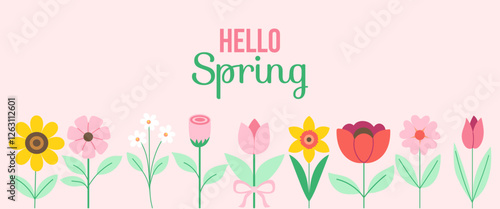 A colorful floral design with the words "Hello Spring" written in cursive. The flowers are arranged in a row, with some of them overlapping each other. Scene is cheerful and vibrant