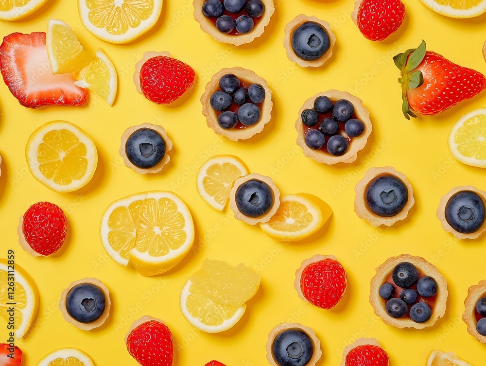 Fresh Strawberries, Lemon Slices and Blueberry Tarts on Yellow Table Fresh Strawberries, Lemon Slices and Blueberry Tarts on Yellow Table