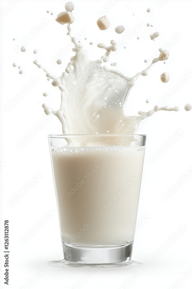 Exciting splash of milk captured in a glass, isolated on white background with room for text Exciting splash of milk captured in a glass, isolated on white background with room for text
