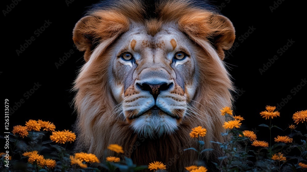 Fototapeta premium Majestic lion portrait, flowers, dark background, wildlife
