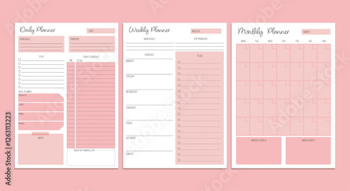 Monthly, weekly and daily planner templates set. Printable A4 sheets. Vector illustration

