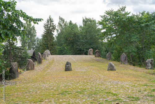 Famous hundred meter arched boulder bridge by the architect Lvov, made in the archivolt technique. Architectural and Ethnographic Museum Vasilevo photo