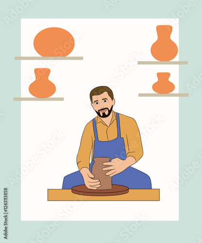 Potter shaping clay on wheel Vector