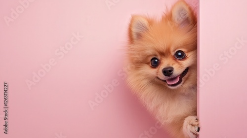 Adorable Pomeranian Puppy Peeking From Behind a Pink Wall