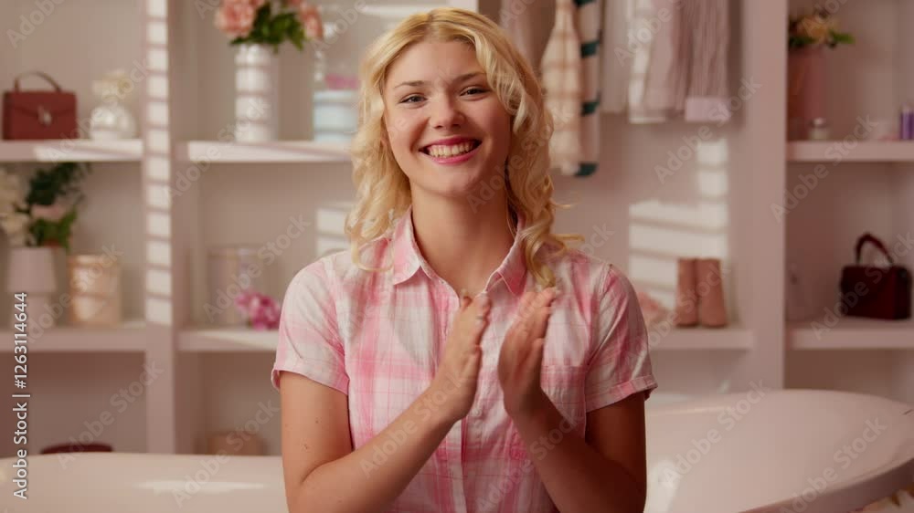 Carefree supportive motivate applauding applause clapping hands good feedback achieve success support Caucasian woman teen teenager girl female in glamour pink candy bathroom at home smiling at camera
