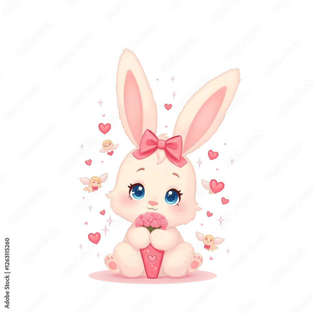 Fototapeta premium Adorable bunny holding a bouquet of pink flowers