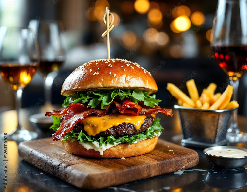 Luxury gourmet burger in a fine dining restaurant. Juicy wagyu beef patty, melted aged cheddar, crispy bacon, brioche bun. Warm golden lighting, elegant background with blurred wine glasses