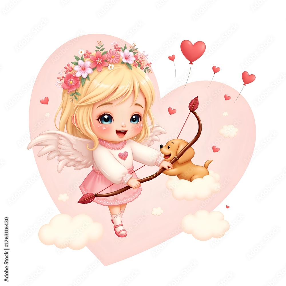 Playful angel with puppy in a heart filled scene Playful angel with puppy in a heart filled scene