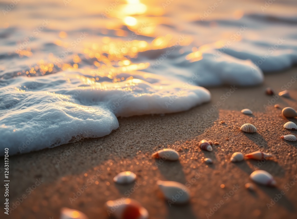 Gentle Ocean Wave and Foam at Sunset Beach Peaceful Coastal Scene Gentle Ocean Wave and Foam at Sunset Beach Peaceful Coastal Scene