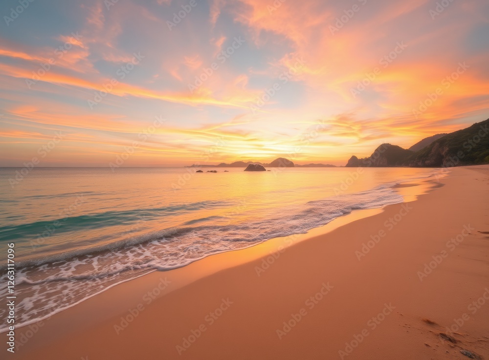 Tropical Beach Sunset Landscape, Coastal Serenity, Golden Hour Beauty