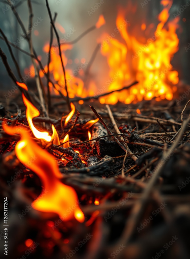 Burning forest fire detail with flames and embers, nature and environment hazard