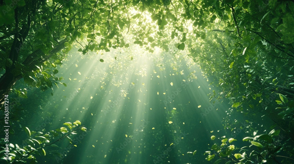 Fototapeta premium Sunbeams Illuminate Lush Green Forest Canopy