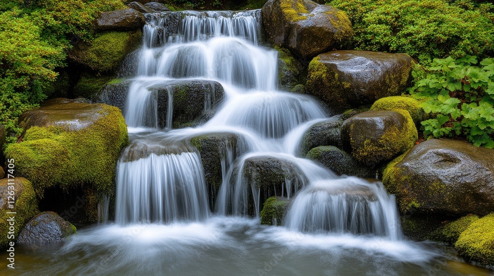 A serene waterfall cascading over smooth rocks, surrounded by lush green foliage, creating a peaceful natural landscape.