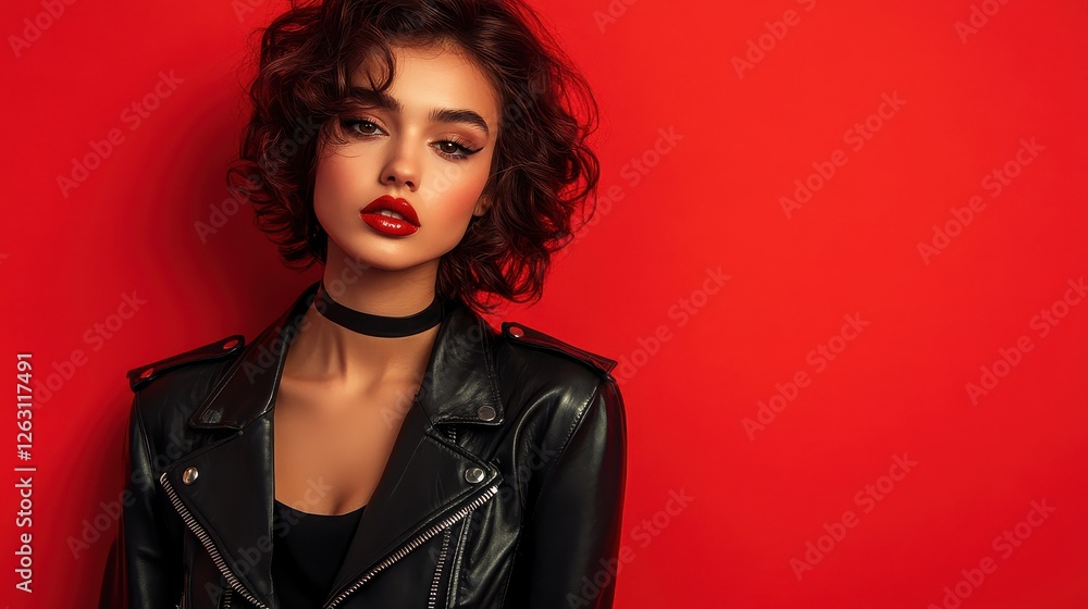 Fototapeta premium Bold Model in Leather Jacket Against Red Backdrop