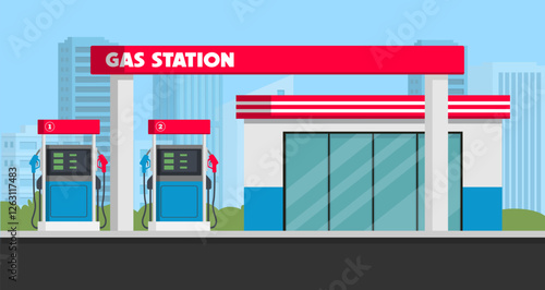 Gas station with oil pump and market. Vector stock