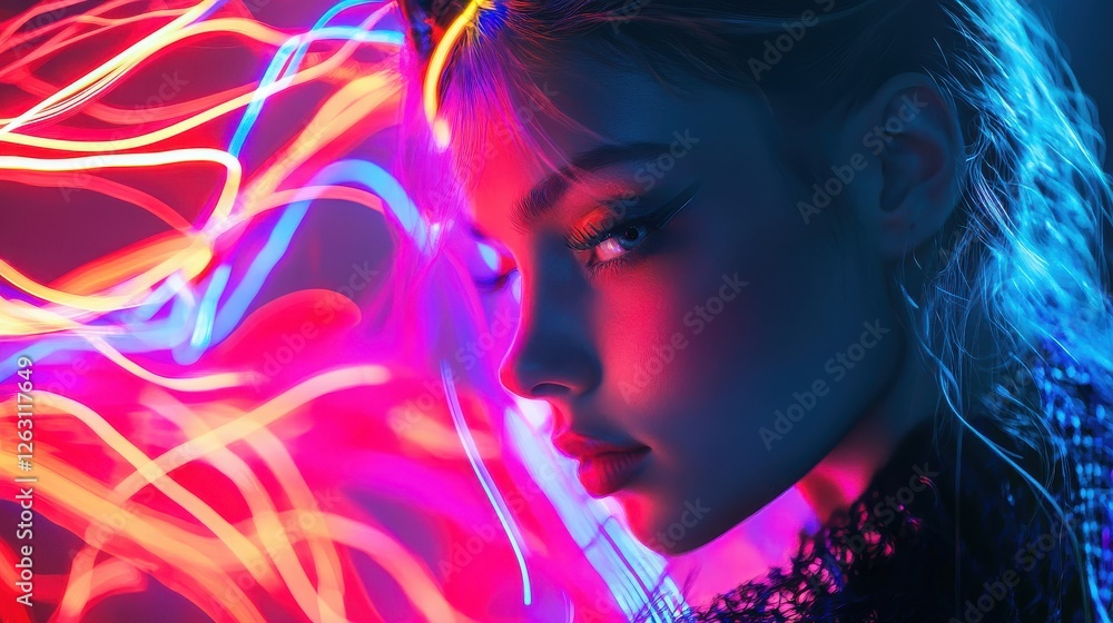 Fototapeta premium Dynamic Neon Lights on Stylish Model in Studio