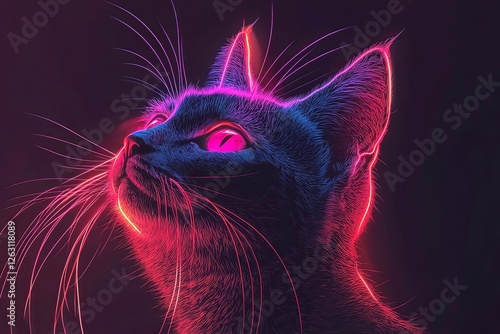 Neon cat with glowing whiskers, pet lover theme.