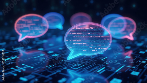 Burbujas de diálogo vibrantes, brillantes y transparentes que contienen código críptico generado por IA, suspendidas en un reino digital futurista
