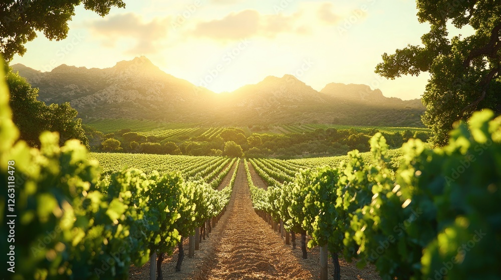 Fototapeta premium Vineyard Rows Bask in Golden Sunset Light Against Mountain Backdrop