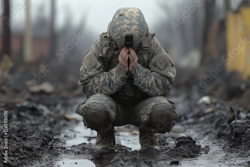 Soldier kneels in muddy battlefield praying, expressing deep emotions during a volatile moment in combat.