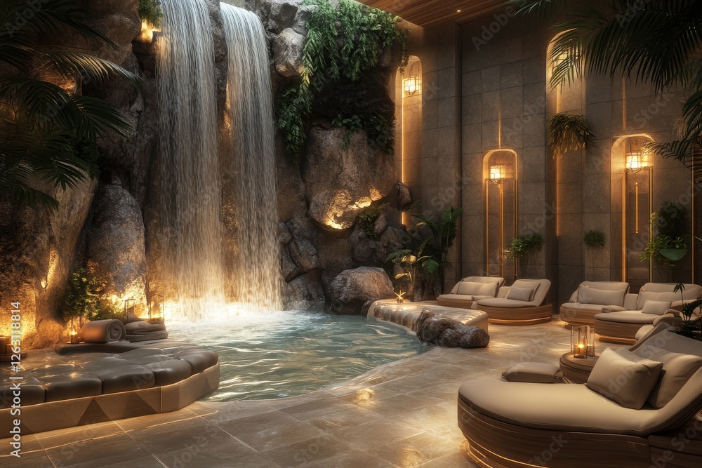 Obraz premium Experience ultimate relaxation in a luxurious indoor spa with a stunning waterfall, surrounded by lush greenery, lounge chairs, and ambient lighting for a tranquil retreat.
