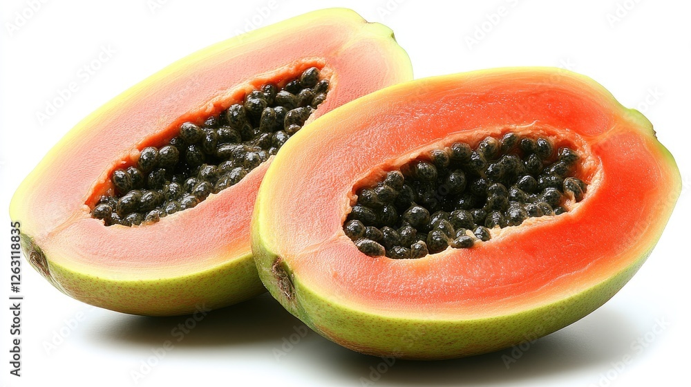 Two halves of a ripe papaya showing seeds Two halves of a ripe papaya showing seeds