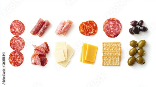Assortment of Cured Meats, Cheeses, and Olives on White Background