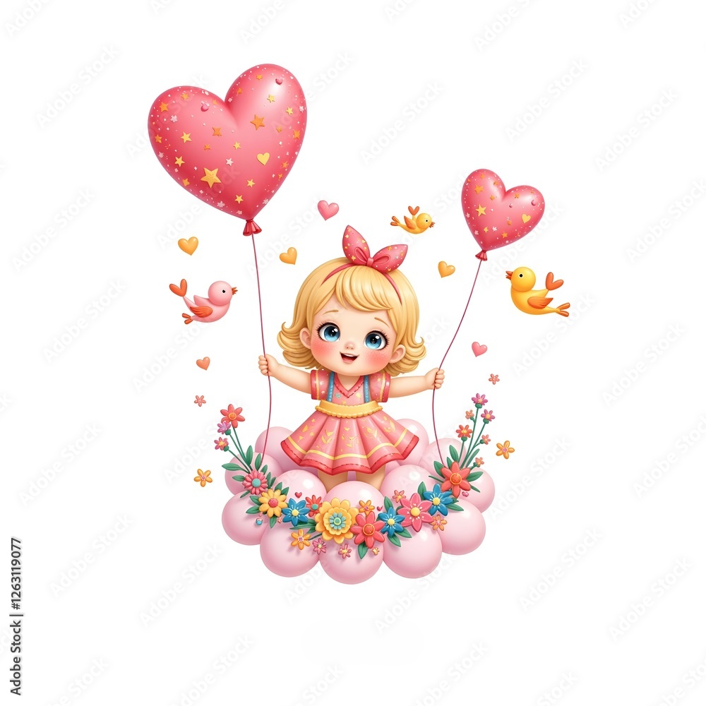 Cheerful girl with heart balloons and flowers Cheerful girl with heart balloons and flowers