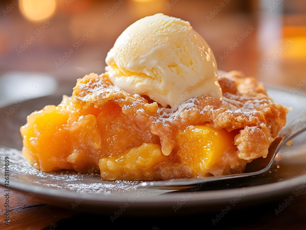 Delicious peach cobbler slice topped with vanilla ice cream and powdered sugar Delicious peach cobbler slice topped with vanilla ice cream and powdered sugar