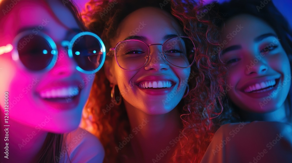 Fototapeta premium Friends Smiling in Multicolored Lighting