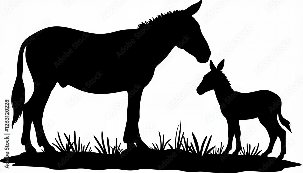 Fototapeta premium Nurturing silhouette of donkey mother and foal in grass, symbol of love
