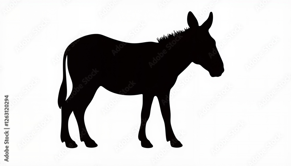 Donkey silhouette standing on white background, symbol of humility Donkey silhouette standing on white background, symbol of humility