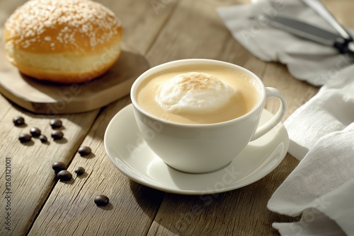 Delicious international breakfasts featuring Italian breakfast cappuccino and brioche with cream on a rustic wooden table. Concept showcases comfort and enjoyment of international breakfasts.