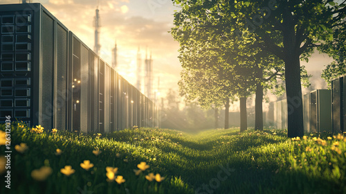 Serene Pathway Through Data Center Surrounded by Lush Greenery