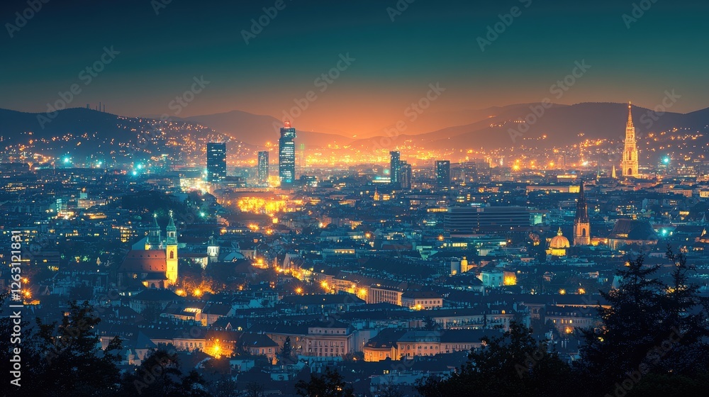 Obraz premium Nighttime Panorama of Ljubljana City Skyline Illuminating the Slovenes Landscape