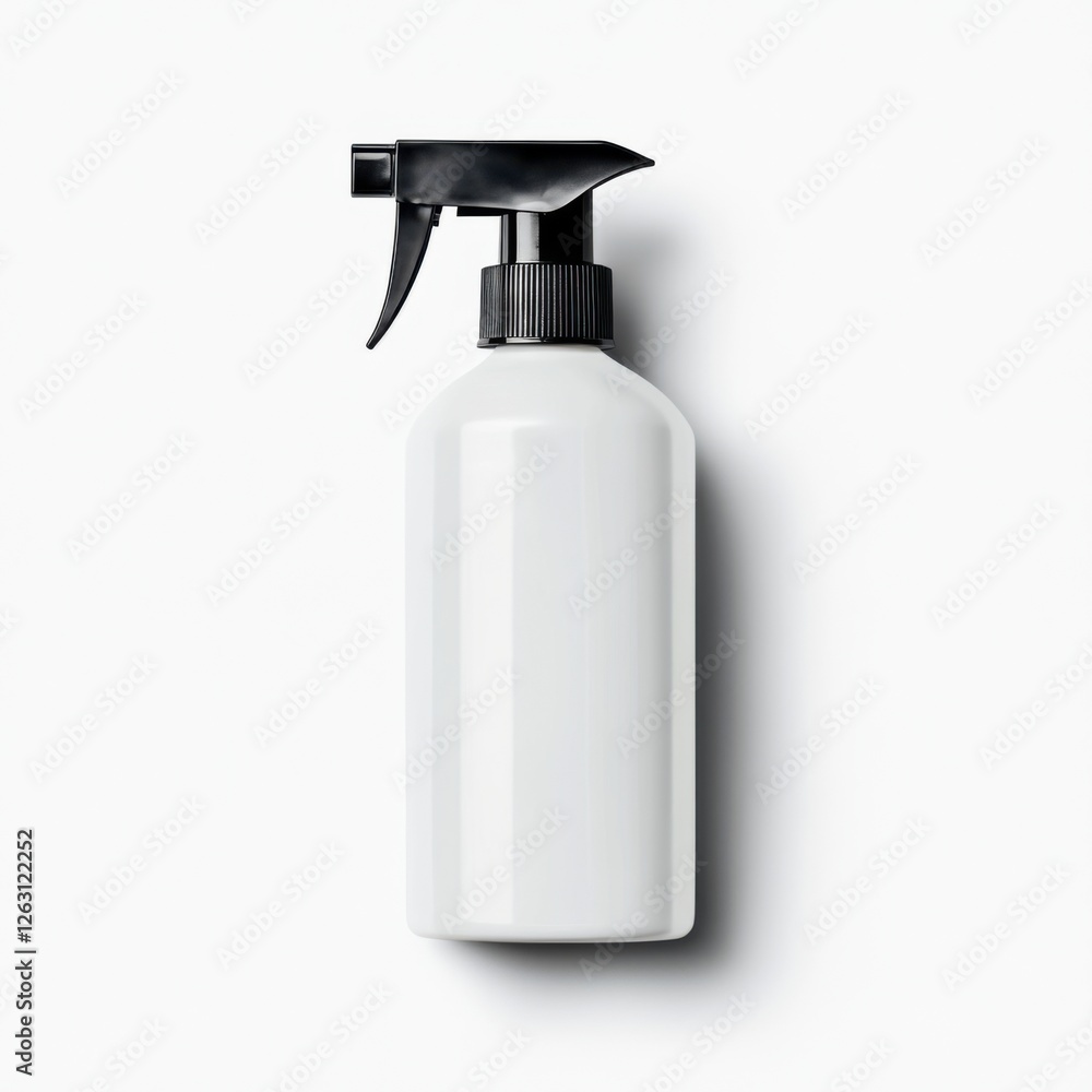 Clean and Minimalist White Spray Bottle with Black Trigger for Household or Personal Care Products Clean and Minimalist White Spray Bottle with Black Trigger for Household or Personal Care Products