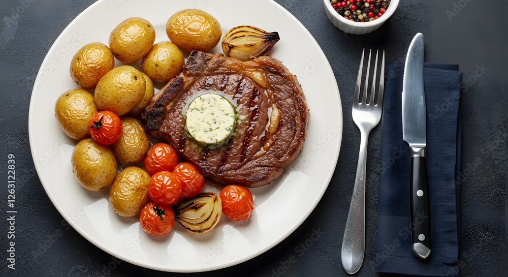 Juicy Ribeye Steak Dinner with Roasted Potatoes and Tomatoes Juicy Ribeye Steak Dinner with Roasted Potatoes and Tomatoes