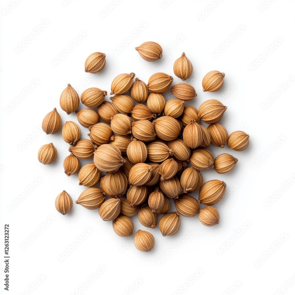 Brown Coriander Seeds on White Background for Culinary and Herbal Use in Cooking and Natural Remedies Brown Coriander Seeds on White Background for Culinary and Herbal Use in Cooking and Natural Remedies