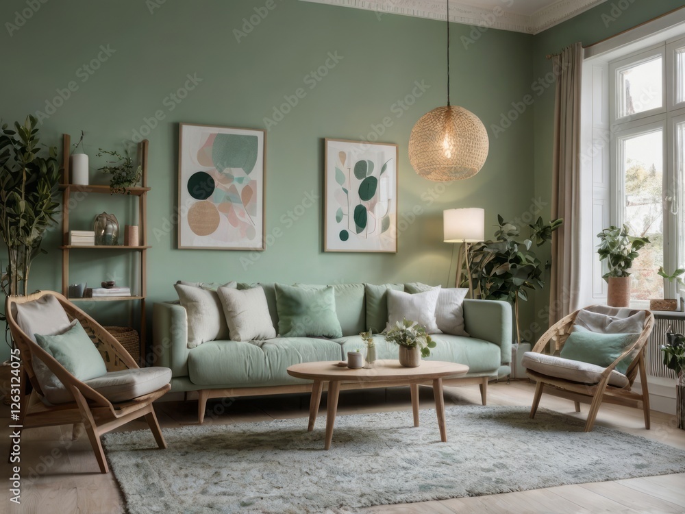 Fototapeta premium Serene Green Living Room With Natural Decor Accents