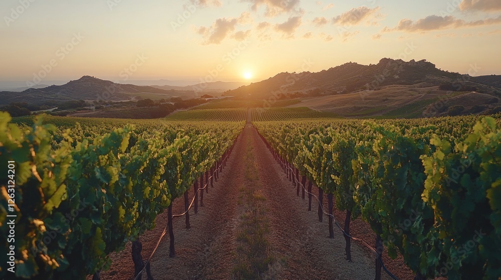 Fototapeta premium Vineyard Rows Basking In Sunset Glory Over Rolling Hills
