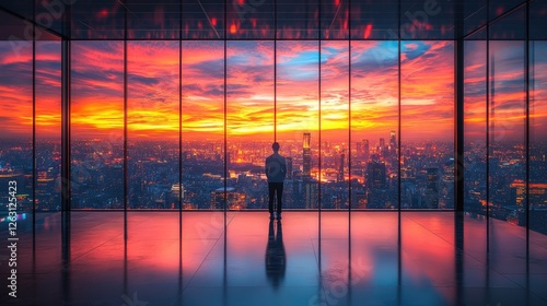 Man Silhouetted Against Vibrant City Sunset View