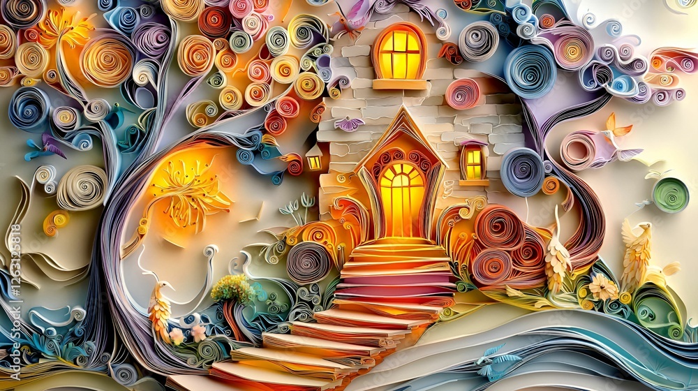 Obraz premium Urban Tourist attractions paper quilling. Whimsical house surrounded by colorful trees and flowers, radiating warmth and creativity.