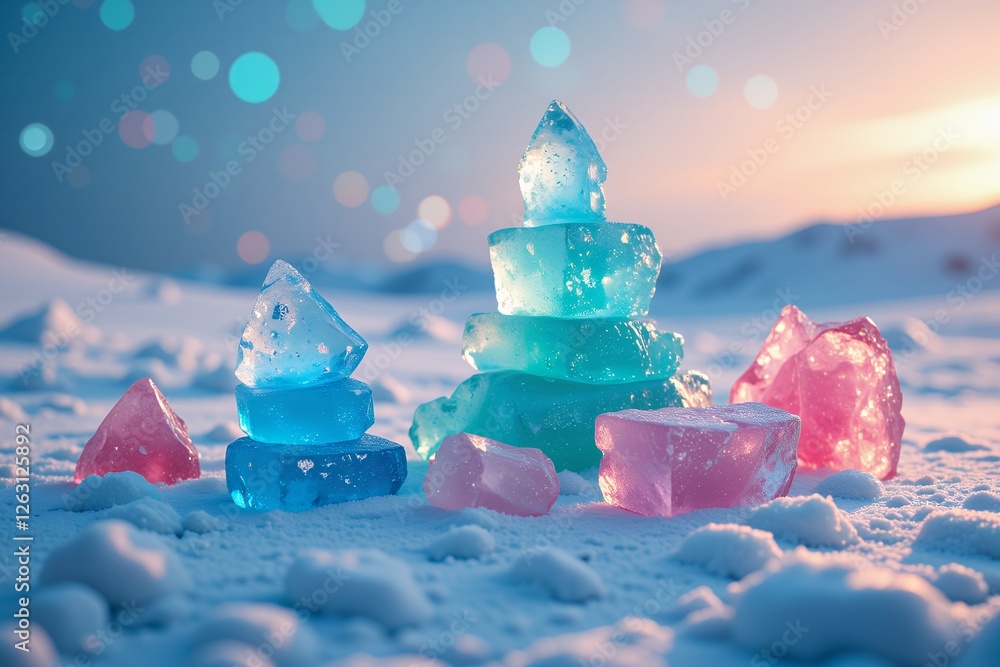Εκτύπωση καμβά Sparkling Ice Sculptures on Snow Winter Wonderland Teal and Pink Crystals