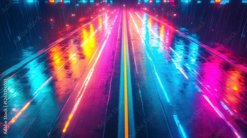 Vibrant Cyberpunk Cityscape at Night with Neon Lights and Rain Vibrant Cyberpunk Cityscape at Night with Neon Lights and Rain