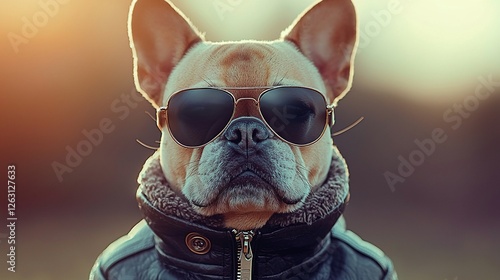 Cool French Bulldog in Leather Jacket, Park Sunset
