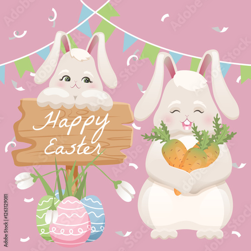 happy easter, bunny, rabbit, cute rabbit, cute illustration, happy holiday, pink backgroud, flags, cute animal, cute bunny, vector, holiday  photo