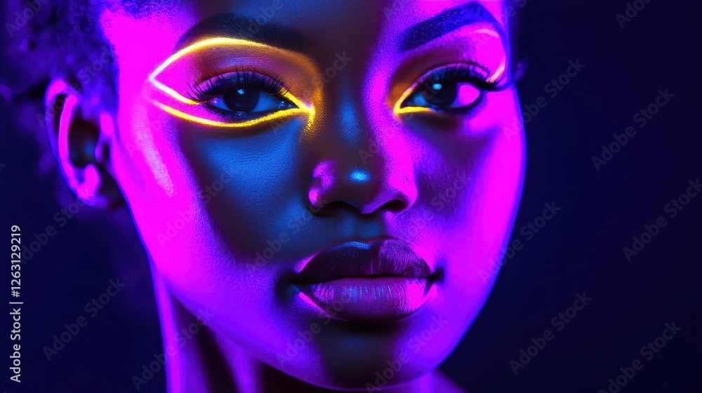 Fototapeta premium Portrait of young black woman with glowing neon makeup