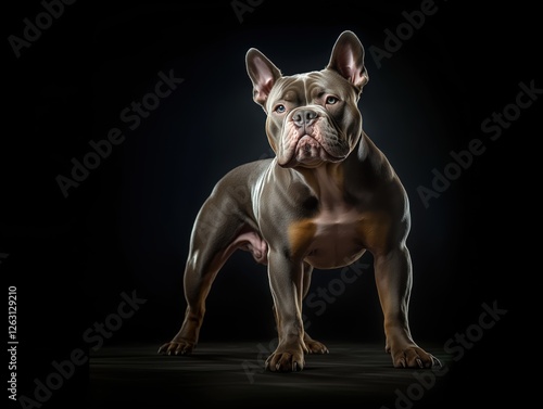 Muscular American Bully stands confidently, showcasing impressive physique against dark backdrop photo